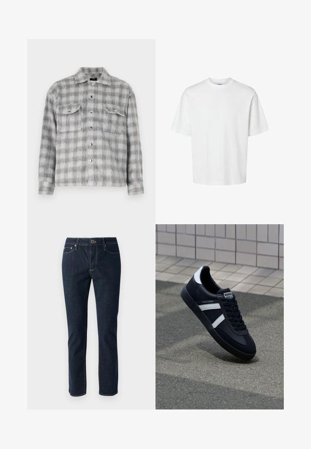 Camicia di flanella a scacchi grigi e bianchi con una morbida texture, dotata di chiusura con bottoni, due tasche sul petto e maniche lunghe.; T-shirt bianco in cotone con maniche corte, scollo rotondo e vestibilità rilassata. Texture liscia senza pattern o dettagli visibili.; Jeans in denim blu scuro con un design a gamba dritta, dotati di chiusura a bottone, cinque tasche e cuciture a contrasto. Texture liscia.; Sneaker neri in pelle con strisce bianche, suola in gomma texturizzata e allacciatura frontale. Presenta un'etichetta con il marchio sulla linguetta.