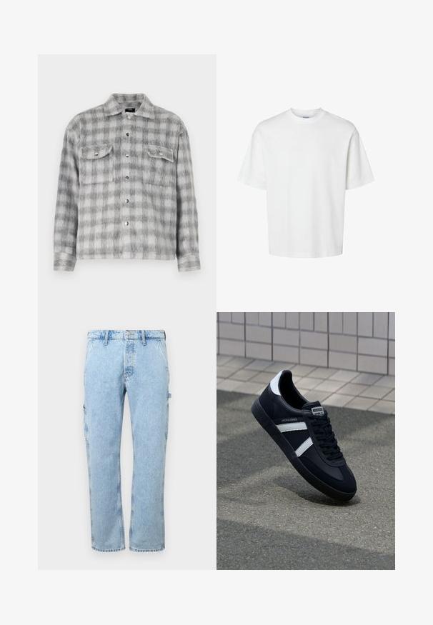 Šedobílá kostkovaná flanelová košile s měkkou texturou, která má knoflíkovou přední stranu, dvě náprsní kapsy a dlouhé rukávy.; Bílý bavlněný tričko s krátkými rukávy, klasickým kulatým výstřihem a volným střihem. Hladká textura bez viditelných vzorů nebo akcentů.; Světle modré denimové cargo kalhoty se rovně střiženými nohavicemi, bočními kapsami a zapínáním na knoflík v pase. Materiál má vybledlou texturu.; Černé kožené tenisky s bílými pruhy, texturovanou gumovou podrážkou a šněrováním vpředu. Obsahují značenou etiketu na jazyku.
