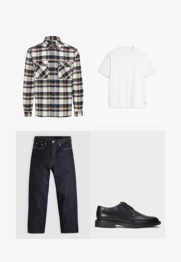 Camicia button-up a quadri con tonalità navy, marrone e crema, due taschini sul petto e colletto aperto. Realizzata in un tessuto morbido e testurizzato.; T-shirt bianca in cotone con maniche corte, colletto tondo e logo Levi's discreto stampato al centro. Texture morbida e vestibilità standard.; Jeans in denim blu scuro con taglio dritto, cinque tasche, cuciture arancioni a contrasto e chiusura con bottone. Nessun motivo o decorazione visibile.; Scarpa da uomo in pelle nera con punta rotonda, design con lacci e tacco basso impilato. Texture liscia con dettagli di cucitura minimi.