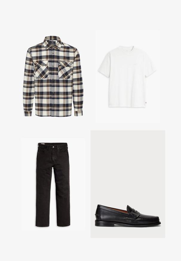 Geruite overhemden met marineblauw, bruin en crèmekleuren, twee borstzakken en een open kraag. Gemaakt van een zachte, gestructureerde stof.; Witte katoenen T-shirt met korte mouwen, ronde hals en subtiele Levi's logo gedrukt in het midden. Zachte textuur en standaard pasvorm.; Zwarte recht gesneden denim jeans met vijf zakken, knoopsluiting en riemlussen, plat gelegd op een witte achtergrond.; Zwarte leren instapper met een ronde neus, gestikte details en een decoratieve band aan de voorkant. Platte zool met een minimaal profiel.