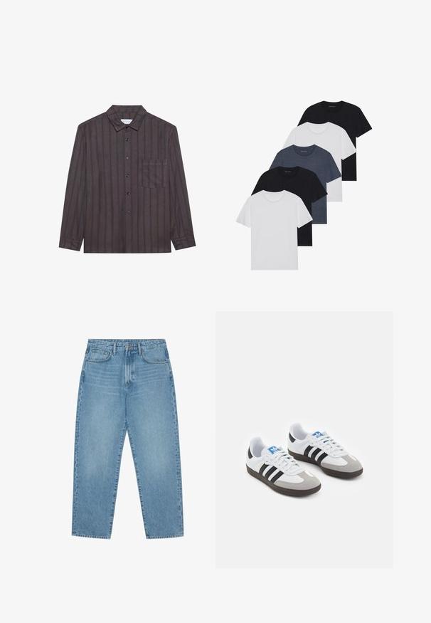 Brun langermet skjorte med vertikale marineblå striper, knappekrage, frontlomme og svarte knapper, laget av lett stoff.; Sett av fem t-skjorter i svart, hvit og marineblå. 100% bomull, kortermet, rund halsdesign og ensfarget uten mønstre.; Lyseblå denim brede benbukser med høy midje, som har fem lommer, beltehemper og en myk, lett falmet tekstur.; Sportssko med en hvit skinnoverdel, grå semsket tå og tre svarte striper. Har en blå logo på tungen og en teksturert gummisåle.
