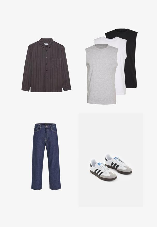 Brun langærmet skjorte med lodrette marineblå striber, knap-ned krave, brystlomme og sorte knapper, lavet af letvægtsstof.; Tre ærmeløse t-shirts i grå, hvid og sort. Blødt bomuldsmateriale med rund hals og afslappet pasform. Enkel design, ingen mønstre.; Mørkeblå denimjeans med lige snit, fem-lomme design, metalknaplukning og kontrasterende syninger, der har en subtil tekstur.; Sportsko med en overdel i hvid læder, grå ruskind på tåen og tre sorte striber. Har et blåt logo på tungen og en struktureret gummisål.