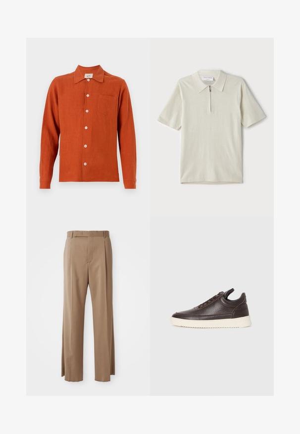Rjavkasto obarvana srajca z dolgimi rokavi iz lahkega materiala. Ima z resicami zavezano sprednjo odprtino, ovratnik in eno žep na prsih.; Polo majica s kratkimi rokavi v svetlo bež barvi z zadrgo pri ovratniku. Narejena iz gladkega materiala, ima preprost, sodoben dizajn brez vzorcev.; Svetlo rjave prirejene hlače s klasičnim krojem, z zankami za pas, sprednjim šivom in skritim zapiranjem, razstavljene na ravni beli podlagi.; Temno rjava textured usnjena superga z vezalkami in belim rebrastim gumijastim podplatom na enostavni svetli podlagi.