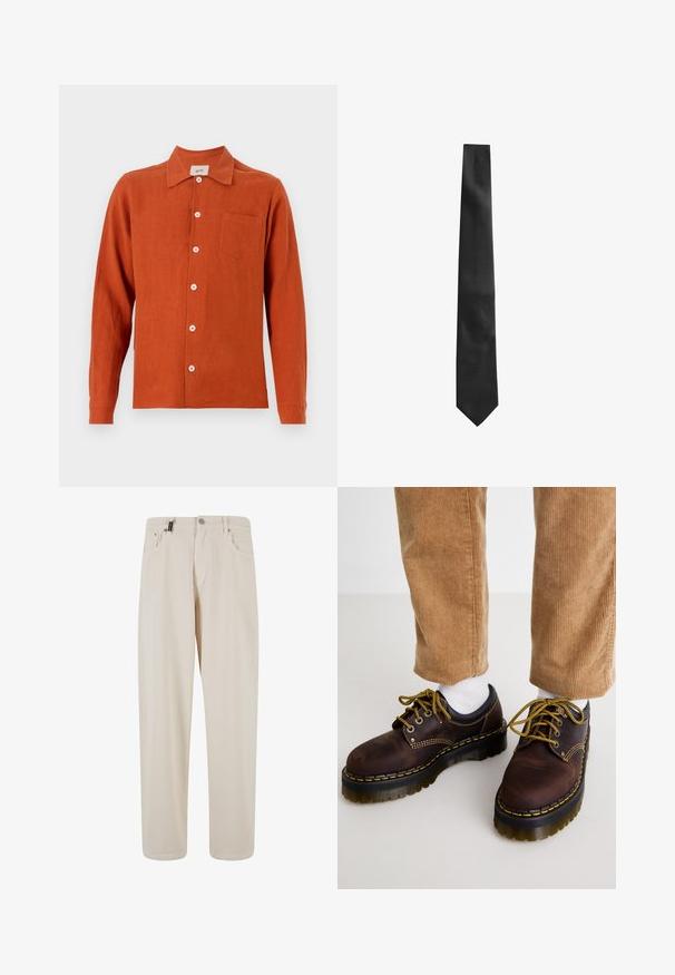 Roodbruin, langmouwig shirt van lichtgewicht stof. Heeft een knoopsluiting aan de voorkant, een kraag en een enkele borstzak.; Beige katoenen broek met een recht pasvorm, voorzien van voorzakken en een knoopsluiting. Gladde textuur met minimale details.; Bruine leren schoenen met gele stiksels, ronde neus, dikke platformzool en contrasterende zwarte accenten. G gedragen met witte sokken en corduroypantalons.; Zwarte stropdas met een gestructureerde afwerking, smalle vorm en puntsluiting. De stof lijkt glad met een subtiel patroon.