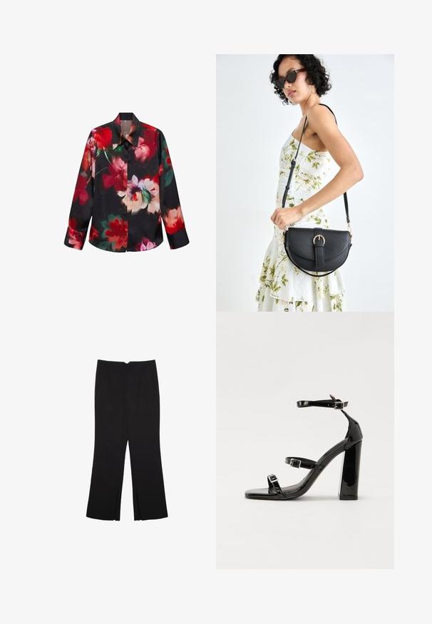 Floral print blouse made of smooth fabric. Features a black background with vibrant red, pink, and green flowers. Structured collar and button cuffs.; Black trousers with a straight fit, featuring front pockets and side slits at the hem. Made of soft, smooth fabric. Suitable for various occasions.; Black patent heeled sandals with a square toe, ankle straps, and silver buckles. Features a chunky block heel for stability.; Black leather handbag with a curved shape, detachable strap, and gold hardware. The bag features a flap with a buckle detail.