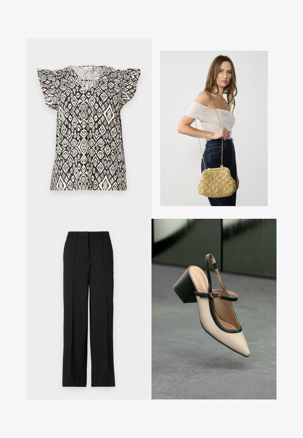 Juodas ir grietinėlės spalvos raštuotas viršus su V formos iškirpte, trumpomis volanėlėmis ir laisvu siluetu, demonstruojantis geometrinį deimanto raštą.; Juodos kelnės su tiesiu sijonu, turinčios dvi priekinės raukšles, juosmenį ir jokių matomų kišenių ar puošybos elementų.; Šviesiai rudos suknelės bateliai su juodu apvadu, auksine sagtimi ir masyviu blokiniu kulnu, stovintys ant pilkos grindų su tamsiai žalia fonu.; Austintų šiaudų rankinė šviesiai bežete spalva, turinti kreivą formą, užsegimą ir auksinį grandinėlės dirželį. Struktūruota paviršius su deimanto raštu.