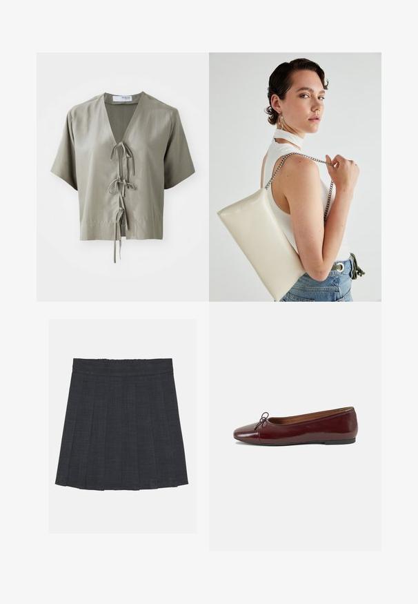 Kratkoročna olivno zelena bluzica z V-izrezom in sprednjimi zavezovanji. Narejena iz gladkega materiala z minimalnimi šivi in sproščenim krojem.; Temno siva nabrana krila z elastičnim pasom, ki ima teksturirano tkanino in klasično silhueto v obliki črke A. Primerna za vsakodnevno nošenje.; Burgundska patenti usnjeni baletni čevlji z zaobljenim prstom, majhnim lokom na sprednji strani in nizkim črnim gumijastim podplatom. Gladka tekstura.; Bela pravokotna torbica za ključe iz sijajnega materiala, opremljena s srebrno verižico. Model pozira in prikazuje torbico na enobarvni podlagi.