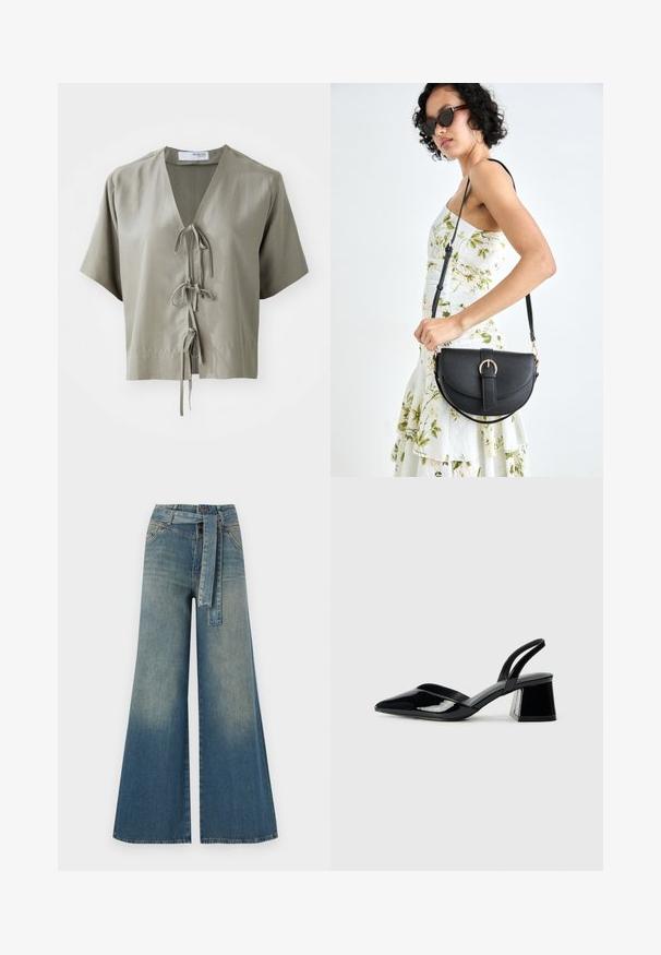 Trumpa rankovėmis, alyvuogių spalvos bluzonė su V formos iškirpte ir priekine kaklo juostele. Pagaminta iš sklandaus audinio su minimaliomis siūlėmis ir laisvu siluetu.; Platus džinsinis kelnes su šviesiai tamsiai mėlynu gradientu, aukštu juosmeniu, diržo kilpomis ir atitinkančiu audinio diržu. Textūruotas džinsinis paviršius.; Juodos lakuotos odinės šlepetės su smailiu pirštu ir geometriniu bloko kulnu. Turi elegantišką, minimalistinį dizainą ir lygų paviršių.; Juodas odinis krepšys su išlenkta forma, nuimamu dirželiu ir auksiniais detalėmis. Krepšys turi kilpą su sagtimi.