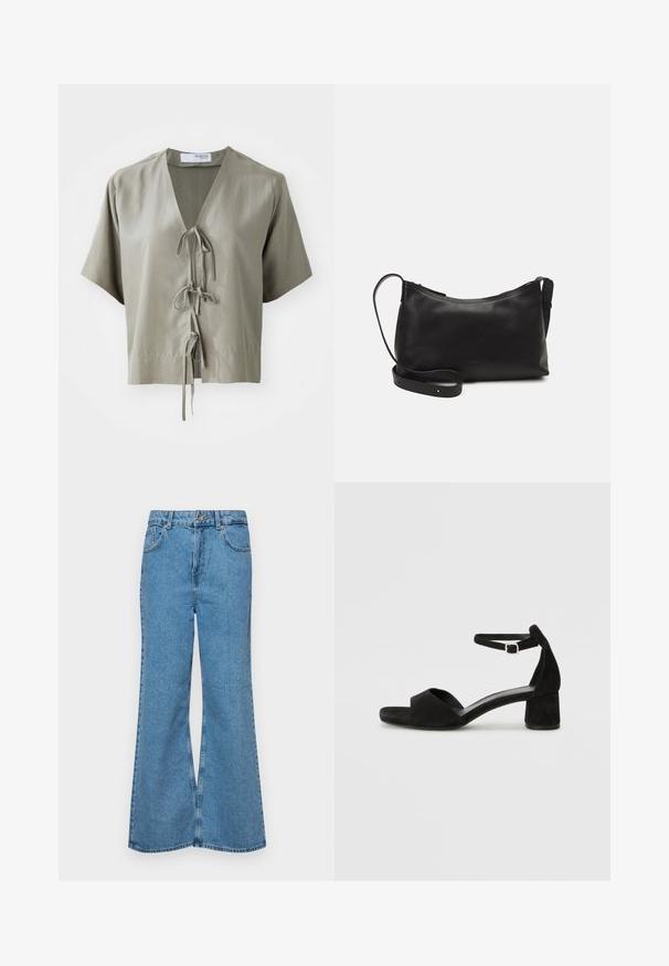 Trumpa rankovėmis, alyvuogių spalvos bluzonė su V formos iškirpte ir priekine kaklo juostele. Pagaminta iš sklandaus audinio su minimaliomis siūlėmis ir laisvu siluetu.; Šviesiai mėlynos flared džinsai, pagaminti iš džinsinio audinio, su aukštu liemeniu, penkiomis kišenėmis ir vienu mygtuko užsegimu. Minkštas paviršius su išblukusiu efektu.; Juodos aksominės basutės su plona kulkšnies juosta, atvira pirštų dalimi ir nedideliu blokuotų kulniukų. Lygus paviršius ir minimalūs akcentai.; Juodas odinis petinis krepšys su lygiu paviršiumi, išlenkta forma, reguliuojama dirželiu ir užtrauktuku. Minimalistinis dizainas be puošmenų.