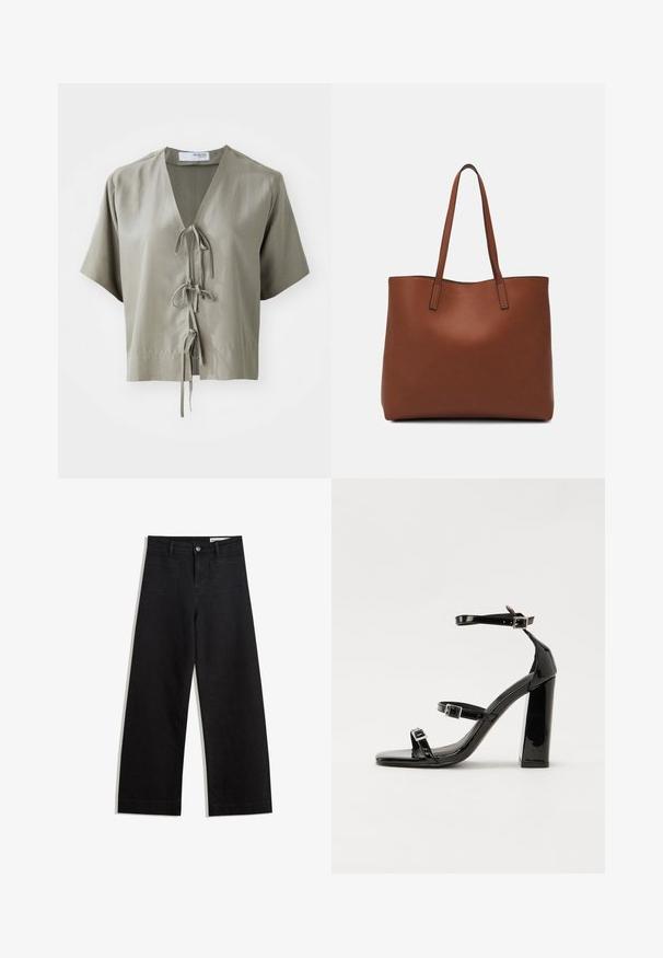 Halenka s krátkým rukávem v olivově zelené barvě, s výstřihem do V a předními zavazovacími detaily. Vyrobena z hladkého materiálu s minimem švů a volným střihem.; Černé denimové kalhoty s volným střihem a vysokým pasem, vybavené předními a zadními kapsami, prošívanými švy a knoflíkovým zapínáním. Hladká textura.; Černé lakované sandály na podpatku se čtveratou špičkou, lýtkovými pásky a stříbrnými přezkami. Disponují masivním blokovým podpatkem pro stabilitu.; Hnědá kožená taška přes rameno s hladkou texturou, otevřeným designem a dvěma ramenními popruhy. Obsahuje minimální švy a žádné viditelné kovové prvky.
