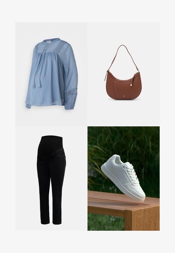 Lyseblå bluse laget av gjennomsiktig stoff med teksturerte prikkete mønstre. Har rund halslinning, senket midje og dusker. Blonde detaljer ved skuldrene.; Svarte graviditetsjeans med elastisk høy midje og smale ben, designet for komfort og støtte under graviditeten.; Hvite sneakers med en glatt syntetisk overdel, perforert tåboks, flate snørebånd og en teksturert såle, vist på en treflate.; Brun kunstlæder skuldertaske med buet form, minimal syning og detaljer i guld-tonet hardware. Har en top lynlås lukning og justerbar rem.
