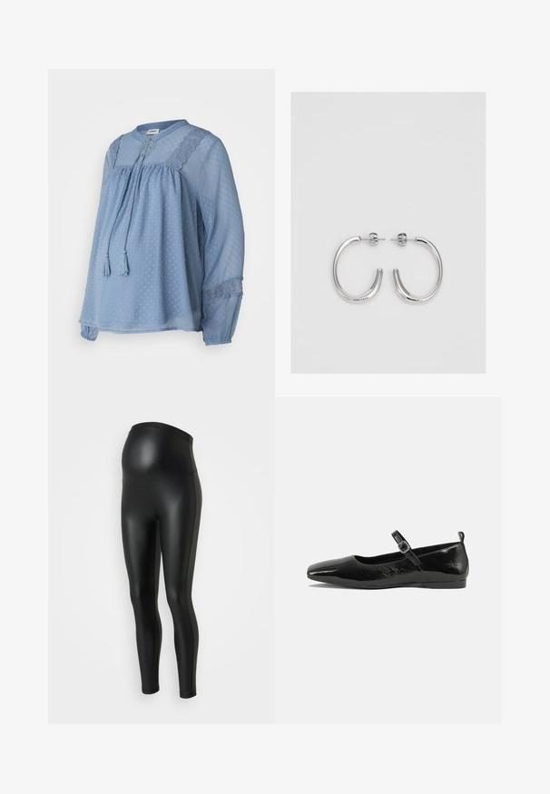 Svijetloplava bluzica od prozirnog materijala s teksturiranim točkicama. Ima okrugli izrez, spušteni struk i čvorove s resicama. Čipkasti detalji na ramenima.; Črne legice za nosečnice z gladko, sijočo teksturo. Visok pas, ki se prilagaja rastočem trebuhu. Elastična tkanina za udobje in prileganje.; Črne lakirane balerinke s koničastim nosom, trakkom okoli gležnja s sponko in gladko, sijočo teksturo. Nizek peti za udobje.; Srebrne uhančke v obliki obroča z gladko, sijočo površino, ukrivljene oblike in zapiranjem na zatič. Minimalistična zasnova z modernim zaključkom.