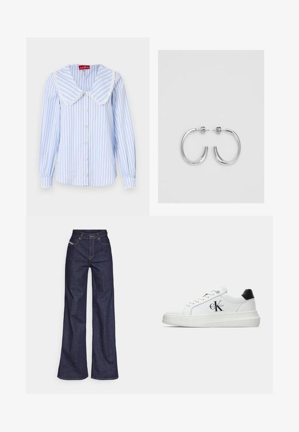 Camicia a righe blu chiaro con un ampio colletto in pizzo bianco, bottoni decorativi e polsini elasticizzati. Realizzata in tessuto con una texture liscia.; Jeans a gamba larga di denim blu scuro con vita alta, caratterizzati da cuciture arancioni, design a cinque tasche e chiusura con bottone.; Sneaker bassa bianca con tassello nero sul tallone, suola a piattaforma, lacci e logo "CK" di Calvin Klein sul lato.; Orecchini a cerchio in argento con una finitura liscia e lucente. Forma arrotondata, design leggero, con chiusura a perno.