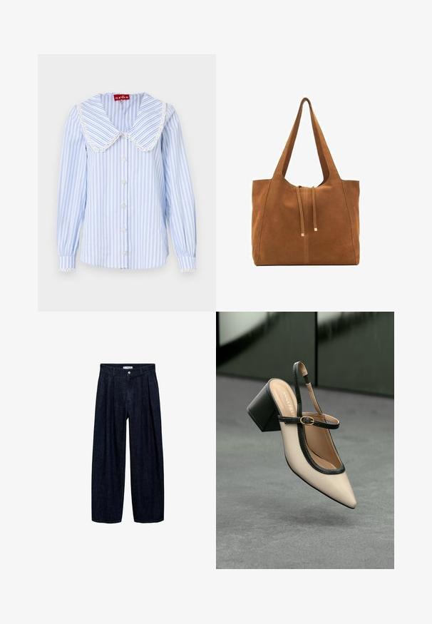 Camicia a righe blu chiaro con un ampio colletto in pizzo bianco, bottoni decorativi e polsini elasticizzati. Realizzata in tessuto con una texture liscia.; Pantaloni wide-leg in denim scuro con pieghe in vita, dotati di un bottone frontale e passanti per cintura. Texture liscia e design a lunghezza completa.; Scarpa slingback beige con tacco alto, punta appuntita, rifinitura nera e dettaglio con fibbia. Materiale liscio con finitura opaca, tacco a blocco medio.; Borsa a tracolla in suede marrone con due lunghe cinghie, chiusura con cordoncino e design minimalista. Texture liscia e senza elementi hardware visibili.