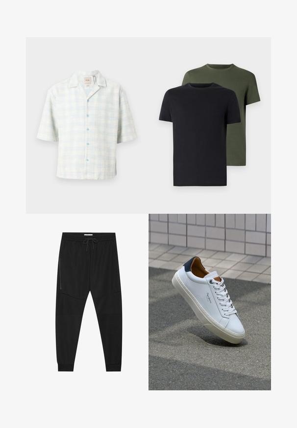 Cămașă cu mâneci scurte, într-o nuanță de albastru deschis și alb cu carouri, făcută dintr-un material texturat, cu butoane albastre și guler.; Două tricouri cu guler rotund, unul negru și unul verde măsliniu, realizate dintr-un material de bumbac moale. Designul este simplu, cu mâneci scurte și tăietură dreaptă.; Pantaloni atletici negri dintr-un material texturat, cu un talie ajustabilă, buzunar lateral cu fermoar și mansete tapered.; Adidași din piele albă cu călcâi bleumarin, vârf rotund și accente contrastante de culoare maro. Dispun de șireturi plate și talpă din cauciuc texturat.