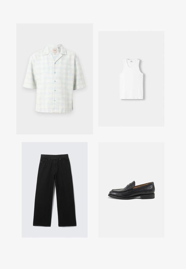 Rövid ujjú ing világoskék és fehér kockás mintával, texturált anyagból, kék gombokkal és galléros nyakkal.; Fehér pamut ujjatlan felső kerek nyakkivágással, széles vállpántokkal és egyenes szegéllyel, sima textúrával, látható minták nélkül.; Fekete, széles lábú farmernadrág, klasszikus öt zsebes kialakítással és struktúrált derékkal, övhurkokkal.; Fekete bőr loaferek sima felülettel, lekerekített orral és díszítő varrással a lábfejen. Alacsony, réteges sarkú és enyhe fényű.