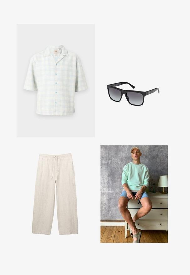 Korte mouwen overhemd in een lichtblauw-witte ruitpatroon, gemaakt van textuurstof met blauwe knopen en een kraag.; Witte katoen t-shirt met een klassieke ronde hals, korte mouwen en een klein, grijs GAP-logo op de linkerkant van de borst. Eenvoudig, onopgesmukt ontwerp.; Linnen broeken in lichtbeige, met een elastische tailleband met een trekkoord, een wijde pasvorm en zijzakken. Gladde textuur.; Muntgroene sweatshirt, denim shorts en olijfgroene instappers. Zittend op een lichtgekleurde ladekast tegen een gestructureerde grijze muur.; Guess Zonnebril - glossy black smoke gray