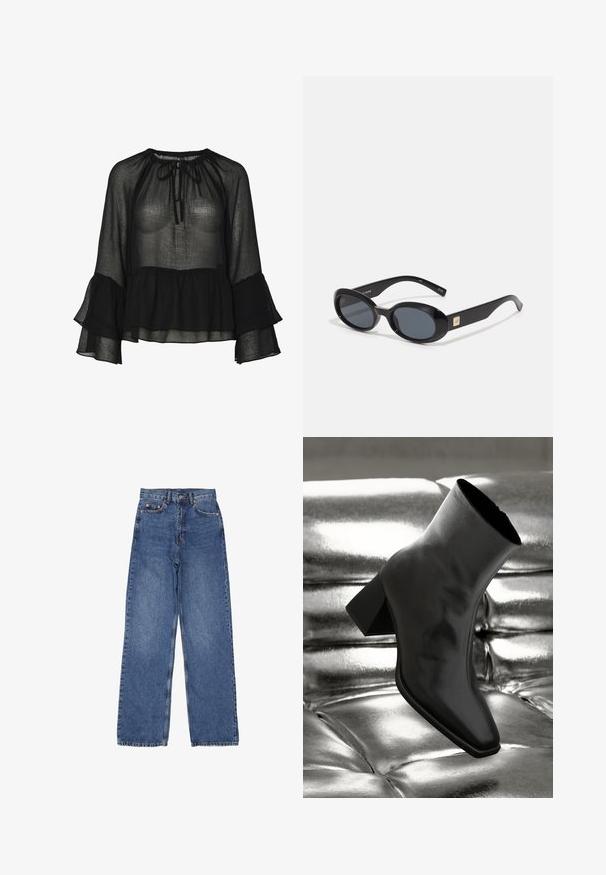 Black sheer blouse with a gathered neckline, tie detail, and bell sleeves. Features a layered ruffle hem and textured fabric.; Denim jeans with a high waist and wide legs, featuring a classic blue wash, visible stitching, and metal hardware on the front pocket.; Black ankle boot made of glossy material with a square toe and tapered heel, set against a shiny silver tufted background.; Black oval sunglasses with dark lenses, glossy plastic frame, wide arms, and a small gold accent on one side.