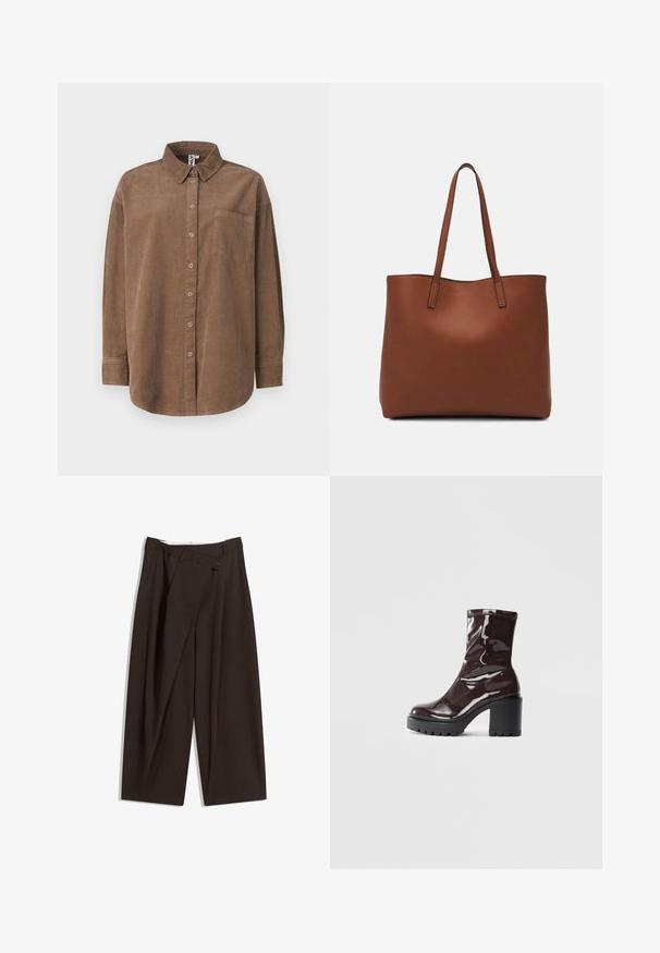 ONLY ONLAIME MOXI LONG - Chemisier - fossil; Pantalons larges marron foncé à taille haute, dotés d'une fermeture à un bouton et d'un devant plissé. Confectionnés en tissu léger.; Bottines bordeaux brillantes à talon épais noir, avec une texture lisse et un design simple. Aucune fermeture visible ni motifs.; Sac fourre-tout en cuir marron avec une texture lisse, design à ouverture supérieure et deux poignées pour le porter à l'épaule. Présente des coutures minimales et aucun matériel visible.