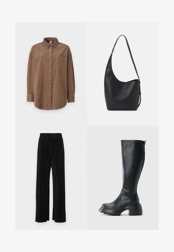 ONLY ONLAIME MOXI LONG - Nööpidega pluus - fossil; Mustad pleekitud püksid elastse vöökohtaga. Omavad laiad jalad ja sujuvat, tekstureeritud kangast vertikaalsete triipudega.; Kõrge must nahksaapad, millel on massiivne platvormi tald ja blokk-kand, varustatud tõmbenööriga ja tekstuuriga väljatõmbejääk.; Mustast nahast hobo kott, millel on sile tekstuur, kumer kuju ja üks reguleeritav rihm; peal on lai avaus.