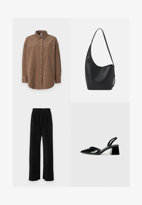 ONLY ONLAIME MOXI LONG - Skjortebluse - fossil; Sorte plisserte bukser med elastisk midje. Har vide ben og et glatt, strukturert stoff med vertikale striper.; Svarte patentlær slingback hæler med spiss tå og geometrisk blokk hæl. Har et stilrent, minimalistisk design og jevn tekstur.; Svart lær hobo-veske med glatt tekstur, buet form og enkelt justerbart stropp; har en bred åpning på toppen.