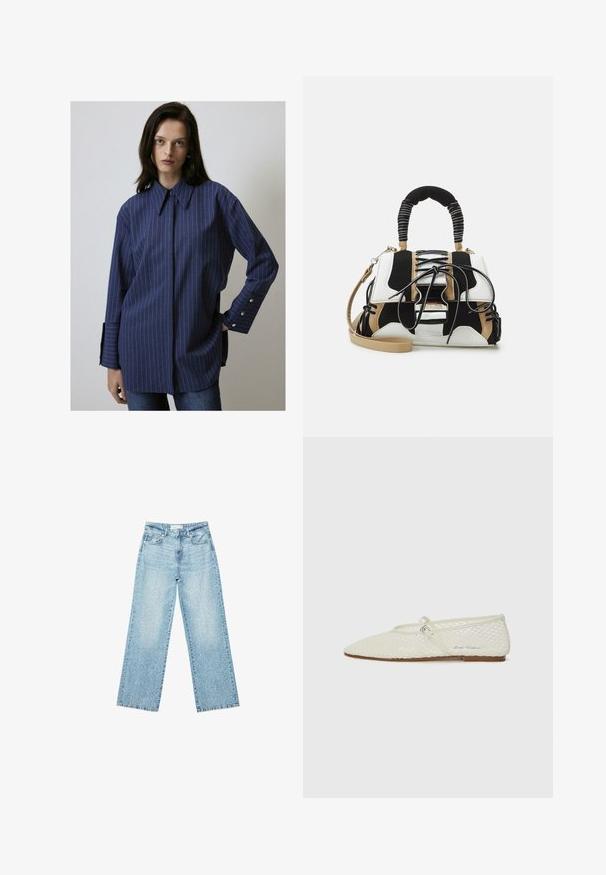 Mornarsko modra dolga majica z črtami, z gumbastim ovratnikom, sprednjim delom z gumbi in gumbi na manšetah. Mehka tkanina, sproščen kroj.; Svjetloplave široke traperice s visokim strukom, s izblijedjelim pranjem i malim, raštrkanim oštećenjima po cijelom dijelu.; Bela mrežasta balerinka s uskim nosom in nastavljivim trakom. Ima teksturirano zgornji del in ravno rjavo podplat.; Večbarvna torbica iz črne, bele in bež mreže. Ima teksturirano ročico, design z vezalkami in snemljiv ramenski trak.