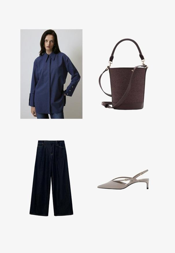 Tmavomodrá pruhovaná košeľa s dlhým rukávom a golierom na gombíky, predným zapínaním a gombíkmi na manžetách. Mäkko tkaná látka, voľný strih.; Tmavé denimové nohavice so širokými nohavicami a prešívaním vpredu, dizajnom s piatimi vreckami a kontrastným šitím. Materiál sa zdá byť hladký s pevnou textúrou.; Béžové slingback podpätky s špicatou špičkou, tenkými kríženými páskmi a krátkym ihlovým podpätkom. Hladká tkanina so zlatými kovovými akcentmi.; Hnedá tkaná vedro taška s hladkým koženým dnom, vrchnou rukoväťou a nastaviteľným ramenným popruhom. Obsahuje akcenty z pozláteného kovu.