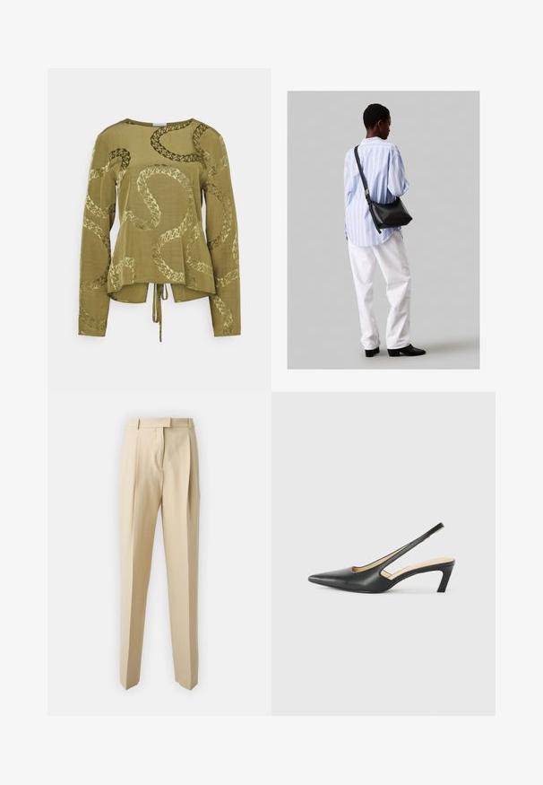 Olivengrønn langermet topp med avslappet passform, med et slangeskinnlignende preget mønster og en knyttedetalj ved kanten.; Beige skreddersydde bukser med rett snitt, med legg, belte og en glatt tekstur. Ingen synlige lommer eller pynt.; Svart spiss tå slingback-sko med lav hæl, laget av jevnt skinnmateriale og med utskåret design på siden for pusteevne.; Svart lær skulderveske med en myk tekstur, trekantet form og justerbar stropp, kombinert med en lyseblå stripete skjorte og hvite bukser.