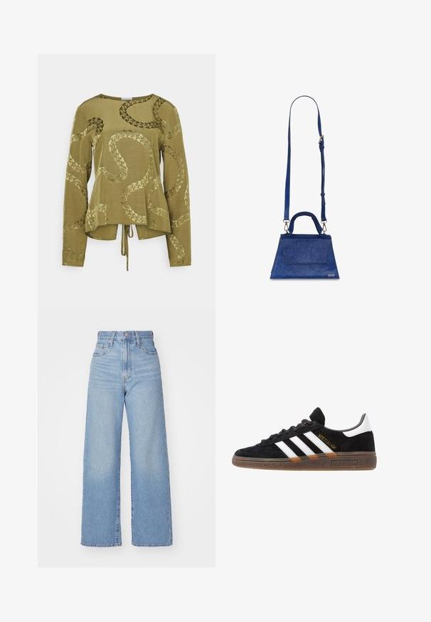 Olive green long-sleeve top with a relaxed fit, featuring a snake-like embossed pattern and a tied detail at the hem.; Light blue high-waist wide-leg jeans with front button and zip closure, front and back pockets, on a white background.; Black Adidas sneaker with white stripes, gold "Spezial" text, gum sole, and white heel tab, shown in profile view.; Blue faux leather handbag with a triangular shape, top handle, and adjustable shoulder strap. Features a smooth texture and front flap detail.