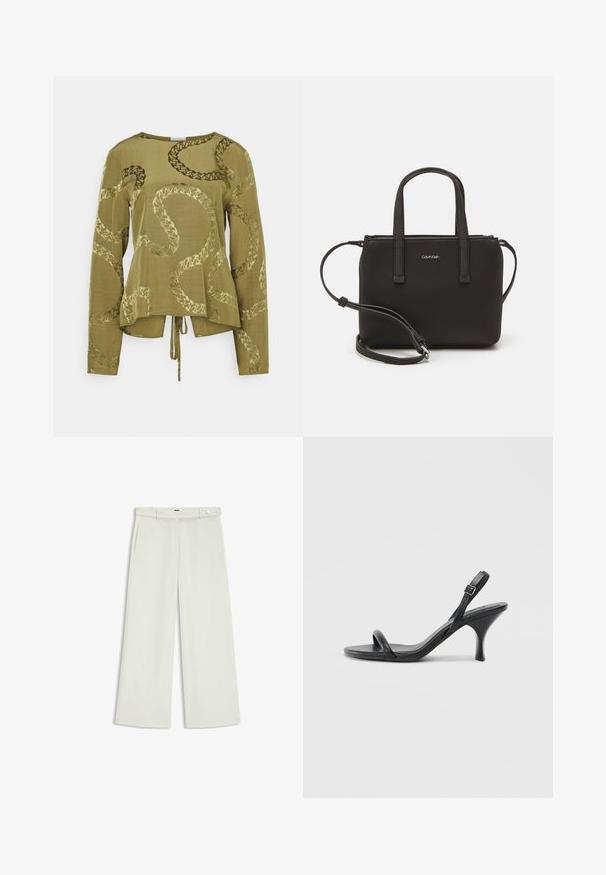 Olivgrünes Langarmoberteil mit lockerer Passform, das ein schlangenähnliches, geprägtes Muster und einen gebundenen Akzent am Saum aufweist.; Weite Hose aus zartem Creme-Stoff, mit seitlichen Taschen, flatem Bund und einer Knopfverschluss an der Taille. Glatte Textur.; Schwarze Leder-Sandalen mit hohen Absätzen, schlankem, gebogenem Absatz und gekreuztem Riemendesign. Verstellbarer Knöchelriemen. Glatte Textur.; Schwarze Handtasche mit zwei kurzen, doppelt geflochtenen Griffen und einem abnehmbaren Schulterriemen. Glattes, lederähnliches Material mit einem Reißverschluss und Logodetail.
