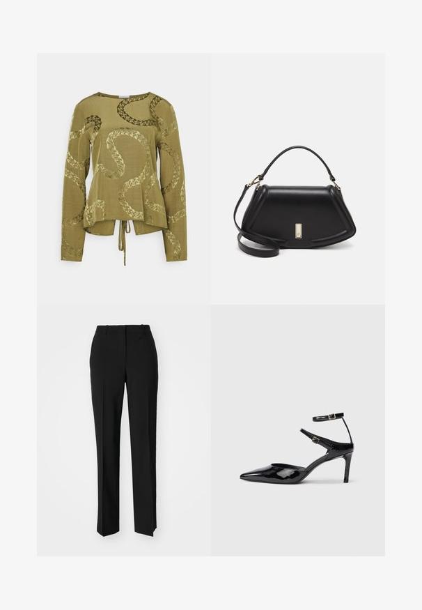 Olive green long-sleeve top with a relaxed fit, featuring a snake-like embossed pattern and a tied detail at the hem.; Black tailored trousers with a straight-leg design, featuring a smooth texture and crisp creases along the front. No visible hardware.; Black patent leather heels with a pointed toe, adjustable ankle straps, and a slender heel. Smooth texture with a shiny finish.; Black leather handbag with a structured design, featuring a cropped shape, top handle, and gold hardware accent. Adjustable shoulder strap included.