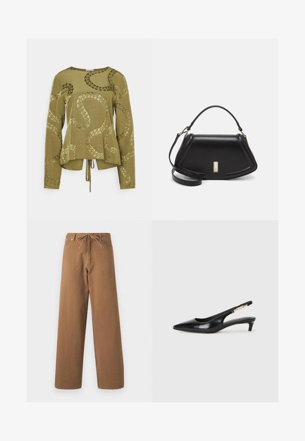 Oliwkowa bluzka z długim rękawem o luźnym kroju, z wytłoczonym wzorem przypominającym węża i wiązanym detalem u dołu.; Brązowe spodnie o szerokich nogawkach wykonane z bawełny, z elastycznym paskiem w talii i dwoma przednimi kieszeniami. Teksturowana tkanina o gładkim wykończeniu.; Czarne skórzane szpilki typu slingback z ostrym noskiem, posiadające smukły obcas i złoty akcent na regulowanym pasku. Gładka tekstura.; Czarna skórzana torebka o strukturalnym designie, z przyciętą formą, górnym uchwytem i złotymi akcentami. W zestawie regulowany pasek na ramię.