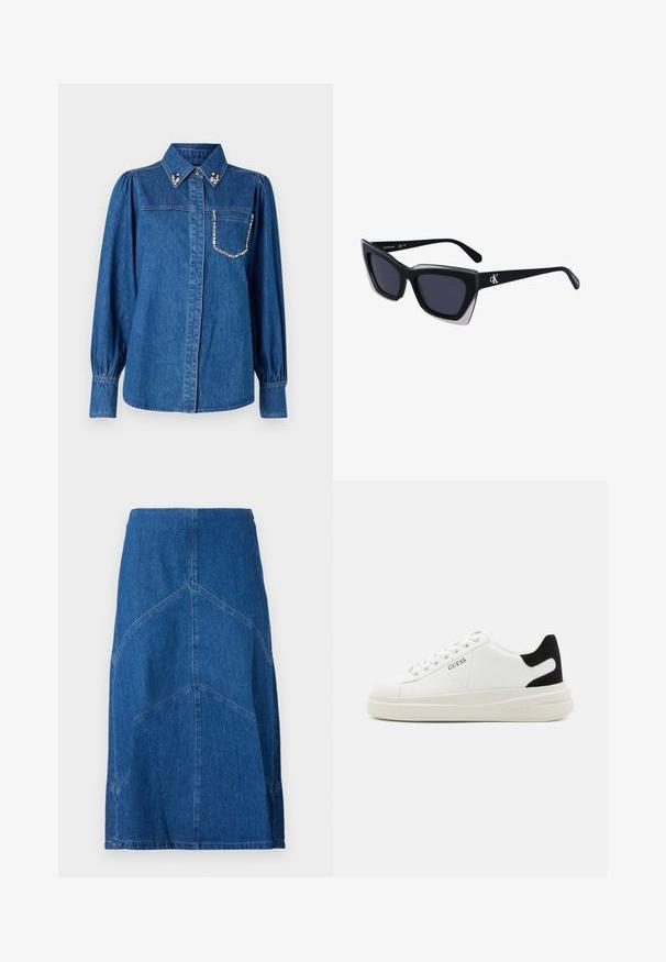 Kék farmering hosszú, puffos ujjakkal. Jellemzője a hegyes gallér díszítő elemekkel és egy zsebbe varrt strasszokkal.; Sötétkék farmer ceruza szoknya függőleges varrással és egyenesen lecsüngő sziluettel. Derékpánttel és nyers szegéllyel rendelkezik.; Fehér bőr sportcipők vastag fehér talppal, fekete velúr sarokpikkelyel és dombornyomott logóval az oldalon. Fűzős kialakítás, hat fűzőlyukkal.; Fekete, nagyméretű napszemüveg geometrikus formával, sötét lencsékkel és kontrasztos szürke részlettel a kereten. Logó a szárán.