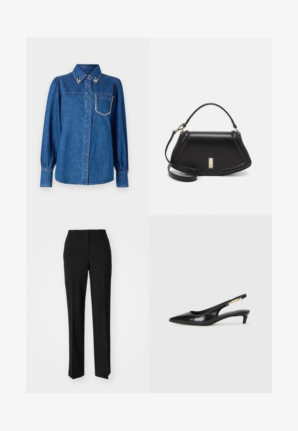 Camicia in denim blu con maniche lunghe e a sbuffo. Presenta un colletto a punta con dettagli decorativi e una tasca accentuata da strass.; Pantaloni neri su misura con un design a gamba dritta, caratterizzati da una texture liscia e pieghe ben definite sul davanti. Senza hardware visibile.; Tacchi slingback in pelle nera con punta affusolata, caratterizzati da un tacco alto e un accento dorato sulla cinghia regolabile. Texture liscia.; Borsa a mano in pelle nera con un design strutturato, caratterizzata da una forma corta, manico superiore e accessori in metallo dorato. Inclusa tracolla regolabile.