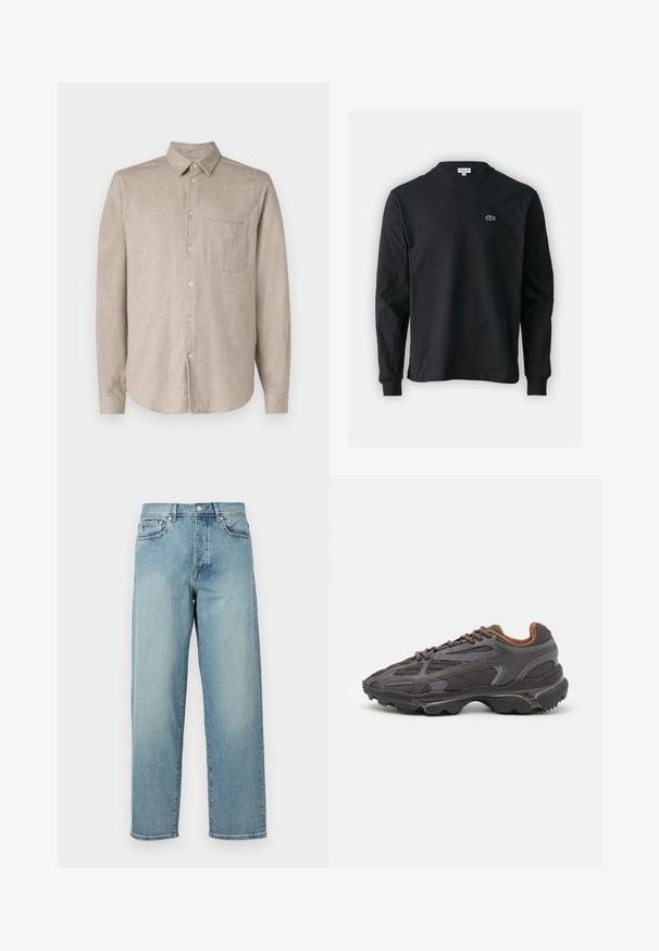 Chemise beige à manches longues avec boutons en tissu texturé, col pointu, poche avant et ourlet arrondi. Boutons de couleur claire.; T-shirt noir à manches longues en coton, avec un col rond et un petit logo de crocodile brodé vert sur la poitrine gauche.; Jean en denim bleu clair avec une coupe loose, jambes droites, design à cinq poches et fermeture à bouton à la taille. Détail de couture minimaliste.; Baskets Lacoste en gris foncé, en matériau mesh et synthétique, avec une semelle texturée et des accents marron sur le col et le branding.