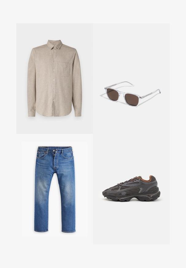 Beige long-sleeve button-up shirt in textured fabric with a pointed collar, front pocket, and a curved hem. Features light-colored buttons.; Blue denim jeans, straight leg design, with visible fading, button and zipper closure, five pockets, and orange stitching accents.; Lacoste sneakers in dark gray with mesh and synthetic material, featuring a textured sole and brown accents on the collar and branding.; Clear plastic sunglasses with rectangular brown lenses, featuring thin, transparent arms and metal accents on the temples.