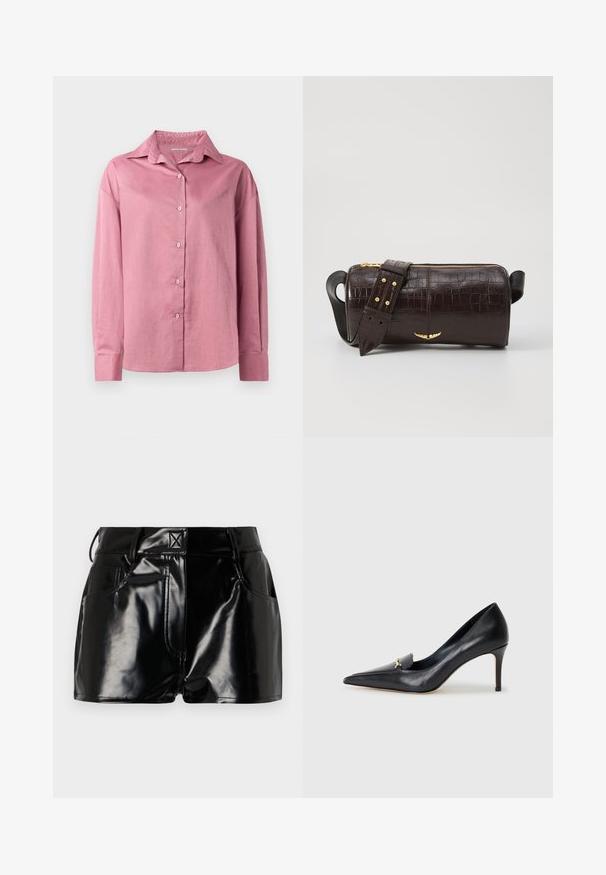 Ružová košeľa s dlhým rukávom a špicatým golierom, s gombíkovým zapínaním vpredu. Jemná textúra a voľný strih s gombíkovými manžetami a bez viditeľných vzorov.; Čierne lesklé šortky vyrobené z syntetického materiálu. Majú priliehavý pás, pútka na opasok a predné vrecká s výraznými švovými detailmi.; Čierne kožené lodičky s špicatou špičkou, nízkym vampom a dekoratívnym zlatým akcentom. Majú podpätok typu stiletto a hladký povrch.; Hnedá taška z kože s embosovaným vzorom krokodíla, cylindrického tvaru, so zlatými hardvérovými doplnkami a odnímateľným popruhom so štítkami.