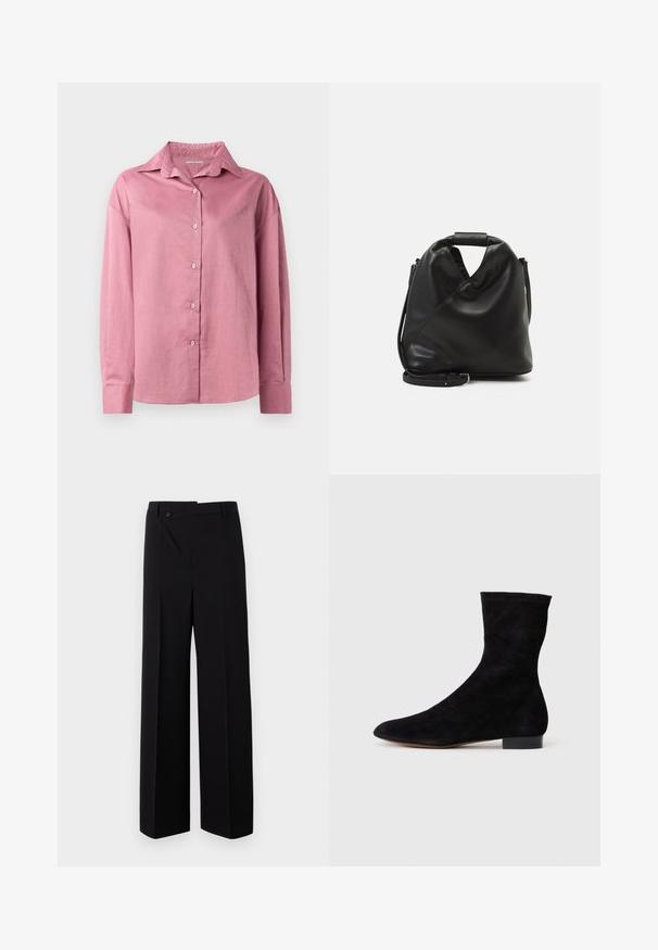 Pink long-sleeve shirt with a pointed collar and buttoned front. Soft texture and relaxed fit with buttoned cuffs and no visible patterns.; Black wide-leg trousers with a flat front, button closure, and smooth fabric texture. Features a straight cut and crisp lines.; Black suede ankle boot with a fitted shaft, pointed toe, and a low block heel. Smooth texture and minimalistic design, suitable for versatile styling.; Black, soft leather bag with a unique twisted design. Features a short handle and a detachable shoulder strap. Minimalist style.