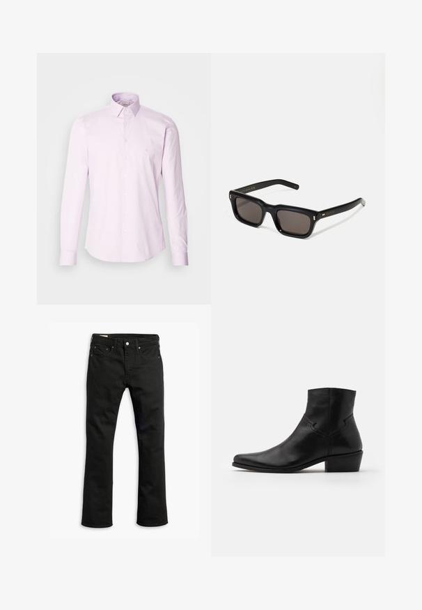 Camisa de botones de manga larga en rosa claro, fabricada en algodón, con un cuello clásico, tapeta de botones en la parte delantera y un pequeño logo en el pecho.; Jeans de mezclilla negra con un diseño de pierna recta, cinco bolsillos, cierre de botón de metal y detalles de costura sutiles. Textura suave y color sólido.; Botín negro de cuero hasta el tobillo con puntera afilada, detalles de costura mínimos, tacón de bloque de altura media y un acabado suave y pulido.; Gafas de sol rectangulares negras con lentes oscuros, marco de plástico grueso, acentos dorados en las patillas y logotipo de la marca grabado en el brazo.