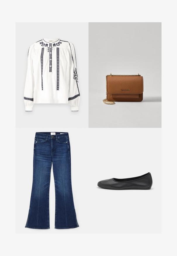 Blouse blanche à manches longues avec des motifs brodés bleu marine, devant boutonné, détails plissés sur les manches, et encolure ronde.; Jean évasé bleu foncé en denim. Il présente une taille haute, des poches avant et des fentes au bas. Design classique à cinq poches.; Ballerines en cuir noir avec un bout rond, texture lisse, détails de couture minimalistes et design de semelle flexible.; Sac en cuir texturé marron en bandoulière avec une sangle en chaîne dorée et une fermeture à rabat. L'avant présente un détail de logo et une poche sous le rabat.