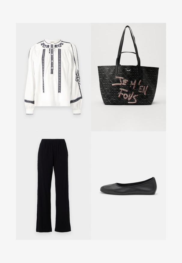 Weißes Langarmblusen mit marineblauen bestickten Mustern, knöpfbarer Vorderseite, gefälteten Details an den Ärmeln und runder Halslinie.; Schwarze, leichte, elastische Hose mit geradem Bein. Weicher Stoff ohne sichtbare Muster oder Akzente. Schlichter und vielseitiger Stil.; Schwarze Leder-Ballettschuhe mit abgerundeter Spitze, glatter Textur, minimalen Nähdetails und einem flexiblen Sohlen-Design.; Schwarze Tote-Bag aus strukturiertem Material mit Rautenmuster, Schulterriemen und auffälligem roten und weißen Text "JE M'EN FOUS."