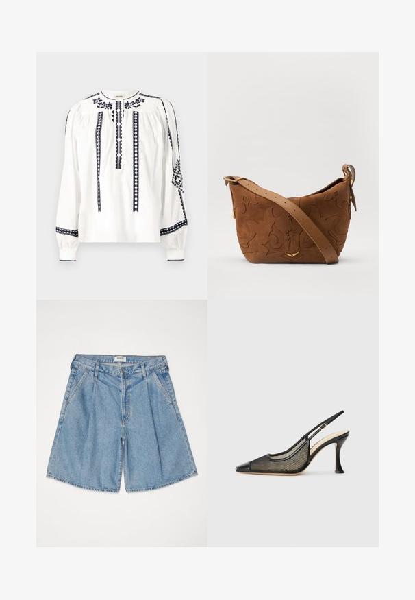 Bílá halenka s dlouhým rukávem a námořnickými vyšitými vzory, s knoflíkovou přední částí, na rukávech s nařasenými detaily a kulatým výstřihem.; Světle modré džíny šortky s volným střihem, vysokým pasem, postranními kapsami a zapínáním na knoflík. Celoplošně bledá textura.; Černé lodičky se slingback podpatkem s špičatou špičkou, síťovanými detaily a hladkým koženým krytem. Barvy zahrnují černou a béžové akcenty.; Hnědá semišová kabelka přes rameno s embosovaným květinovým vzorem, doplněná hladkým hnědým koženým popruhem a kovovými akcenty ve zlatém tónu.
