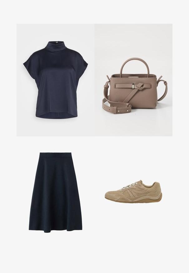DRYKORN ALARIA - Blůza - blue; Tmavě modrá midi sukně vyrobená z hladké látky, s přiléhavým páskem a rozšířeným tvarem, bez viditelných vzorů nebo ozdob.; Béžové semišové tenisky s nízkým profilem, texturovaným povrchem a bílými tkaničkami. Mají zakřivený design a gumovou podrážku pro lepší přilnavost.; Taupe texturovaná kožená kabelka s horním uchopem, nastavitelným ramenním popruhem a dekoračním detailem uzlu na čistém bílém pozadí.