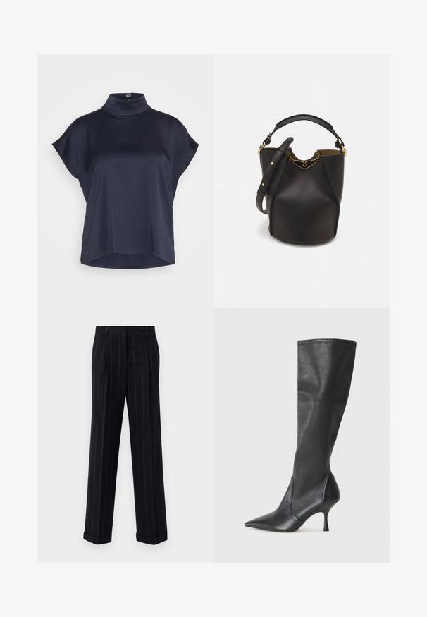 DRYKORN ALARIA - Blůza - blue; Černé pruhované kalhoty s úzkým střihem, se zúženým lemem a předními sklady. Vyrobené z hladkého materiálu se strukturovaným designem.; Černé kožené vysoké boty do kolen s špičatou špičkou a štíhlým jehlovým podpatkem. Hladká textura s přiléhavým střihem a přešitím na horním okraji.; Černá kožená kabelka ve tvaru vědra s texturovaným povrchem, zlatými kovovými akcenty a otevřeným vrchem. Obsahuje krátkou rukojeť a nastavitelný ramenní popruh.