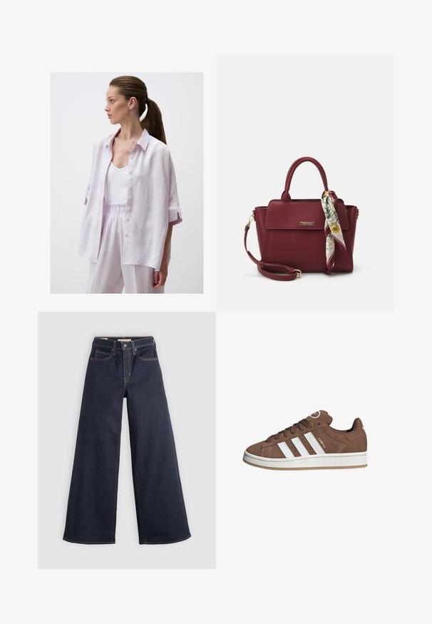 Jimmy Key LOOSE FIT THREE QUARTER SLEEVED SLIT - Overhemdblouse - lilac; Wijde denim jeans in donkerblauw met contrasterende stiksels. Bevat een traditionele vijf-pocketontwerp en een knoopsluiting in de taille.; Bruine suède sneaker met witte leren strepen, rubberen zool, ronde neus en vetersluiting. Kenmerkt zich door een logo op de tong en geperforeerde accenten.; Bordeaux handtas van synthetisch materiaal met een gestructureerd ontwerp, voorzien van een afneembare schouderband en een met bloemenpatroon versierde sjaal die aan het handvat is geknoopt.
