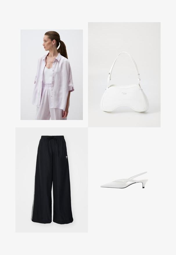 Jimmy Key LOOSE FIT THREE QUARTER SLEEVED SLIT - Hemdbluse - lilac; Schwarze weite Hosen aus leichtem Material. Mit elastischem Bund und Kordelzug sowie weißen Seitenstreifen. Markenlogo auf der Hüfte.; Weißer Slingback-Absatzschuh mit spitzer Zehenpartie, featuring ein glattes Obermaterial, subtile Ausschnitte und einen niedrigen Blockabsatz. Die schwarze Sohle betont das Design.; Weißes Handtasche mit glatter, glänzender Oberfläche, geschwungener Form und einem einzigen verstellbaren Trageriemen. Auf der Vorderseite ist ein eingeprägtes Logo vorhanden.