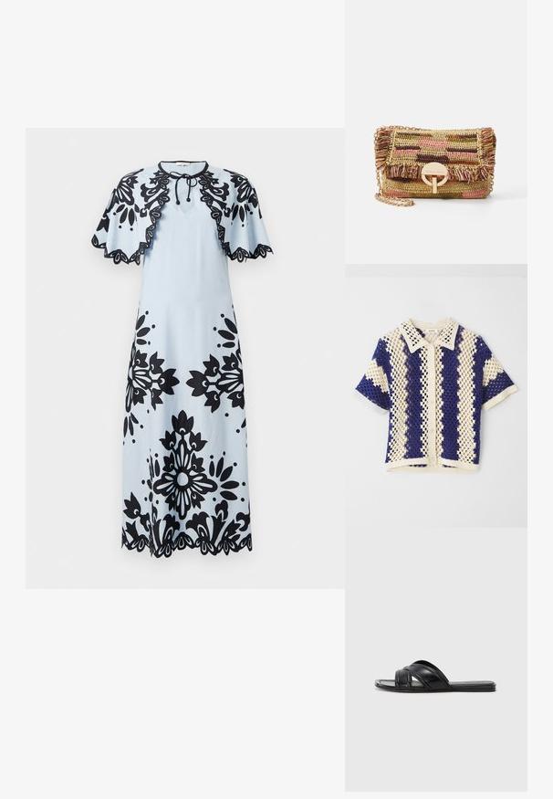 Krátký rukáv pletená košile s límečkem, zdobená diamantovým vzorem v krémové a námořnické modré barvě, s předním zapínáním na knoflíky a texturovaným povrchem.; Svetle modré šaty s černými květinovými vzory, krátkými rukávy, kulatým výstřihem a zvlněným lemem. Zavazuje se na krku.; Černé klínové sandály s hladkým koženým povrchem, s překříženými popruhy a výřezovými detaily, a plochou, flexibilní podrážkou.; Vanessa Bruno MOON - Taška s příčným popruhem - multico/jaune