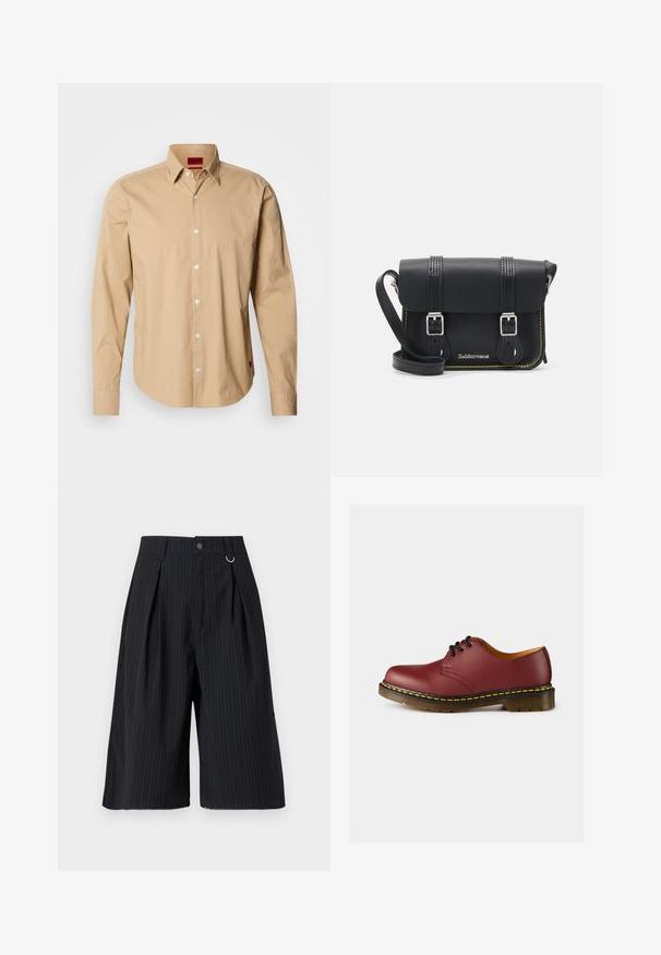 Camicia beige a maniche lunghe in cotone, con colletto button-down, bottoni frontali e un'etichetta rossa sul lato. Texture liscia.; Pantaloni shorts neri a righe con pieghe, chiusura a bottone e accento in anello metallico. Tessuto liscio con una vestibilità su misura e design lunghezza ginocchio.; Scarpa in pelle rossa con lacci, punta arrotondata, cuciture gialle lungo la suola e un accento giallo attorno alla base. Sottopiede in gomma resistente.; Borsa a tracolla in pelle nera con patta, due fibbie argentate, cuciture gialle e tracolla regolabile. Presenta una texture liscia e un design compatto.
