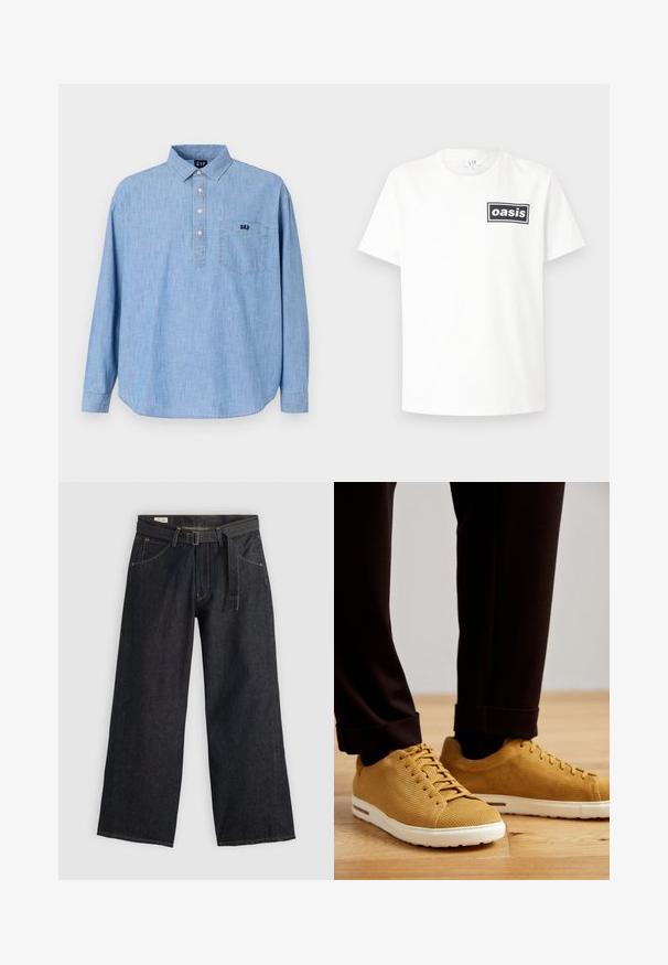 Svetlo modra chambray srajca s ovratnikom, gumbi za zapenjanje in žepom na prsih z izvezenim logotipom. Dolgi rokavi z gumbastimi manšeti.; Bela bombažna majica s črnim pravokotnim logotipom, ki vsebuje besedo "oasis" v središču. Kratke rokave in klasičen kroj s krožnim izrezom.; Temne jeans hlače širokega kroja z pasom na zadrgo, ki imajo sprednje žepe in kontrastno šivanje. Gladka struktura z brezhibnim dizajnom.; Rumene rebraste teniske z belimi podplati, zaobljenih prstov, z vezalkami in teksturirano površino, oblečene s črnimi hlačami z manšetami na lesenem tleh.