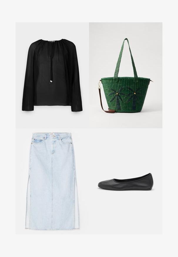 Črna prosojna bluza z dolgimi rokavi, z nabranim ovratnikom in vrvico s srebrnimi detajli. Lahka in zračna tekstura.; Svetlo modra jeanska maxi krilna obleka s ravnim krojem, ki ima stranske odprtine in pet žepov. Izstopajoče šivanje in kovinski gumb za zapiranje.; Črne usnjene balerinke z zaobljenim nosom, gladko teksturo, minimalnimi šivi in fleksibilno zasnovo podplata.; Zelena tkana torba z vzorcem palm v temnejši zeleni; ima dve ročaji in snemljiv rjavi usnjeni pas.